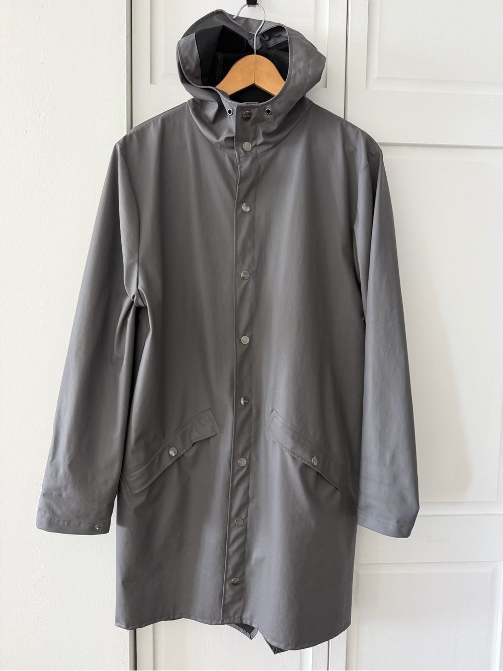 Rains Charcoal Grey Long Rain Jacket Waterproof Unisex Hooded Coat XS/S